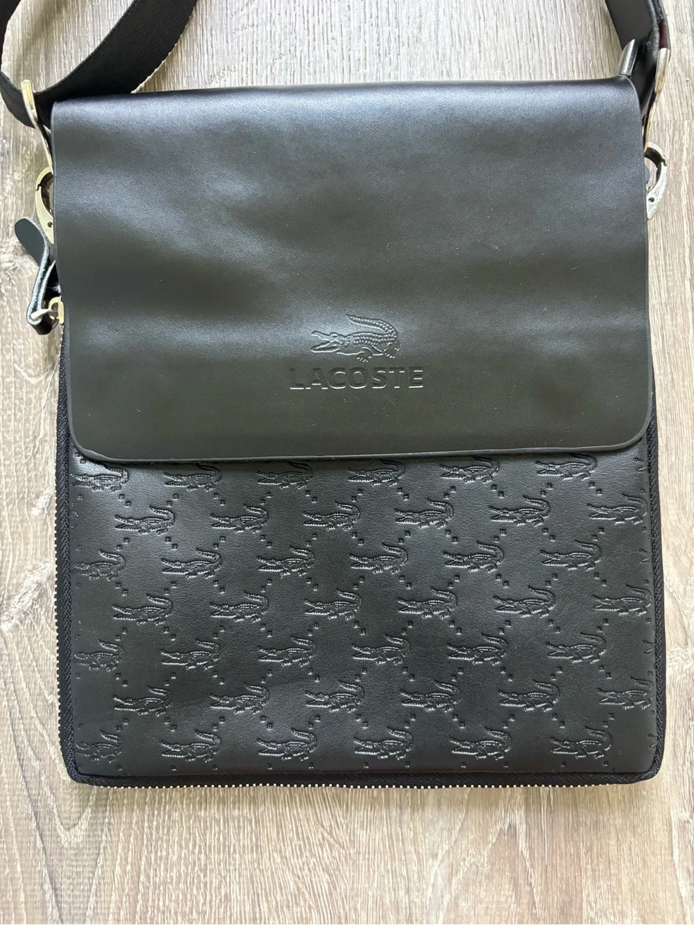 Lacoste Black Embossed Leather Messenger Bag